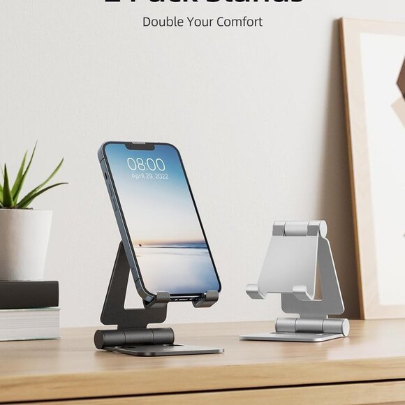 2 Pack Dual Folding Cell Phone Stand, Fully Adjustable Foldable Desktop Phone Ho - Picture 2 of 12